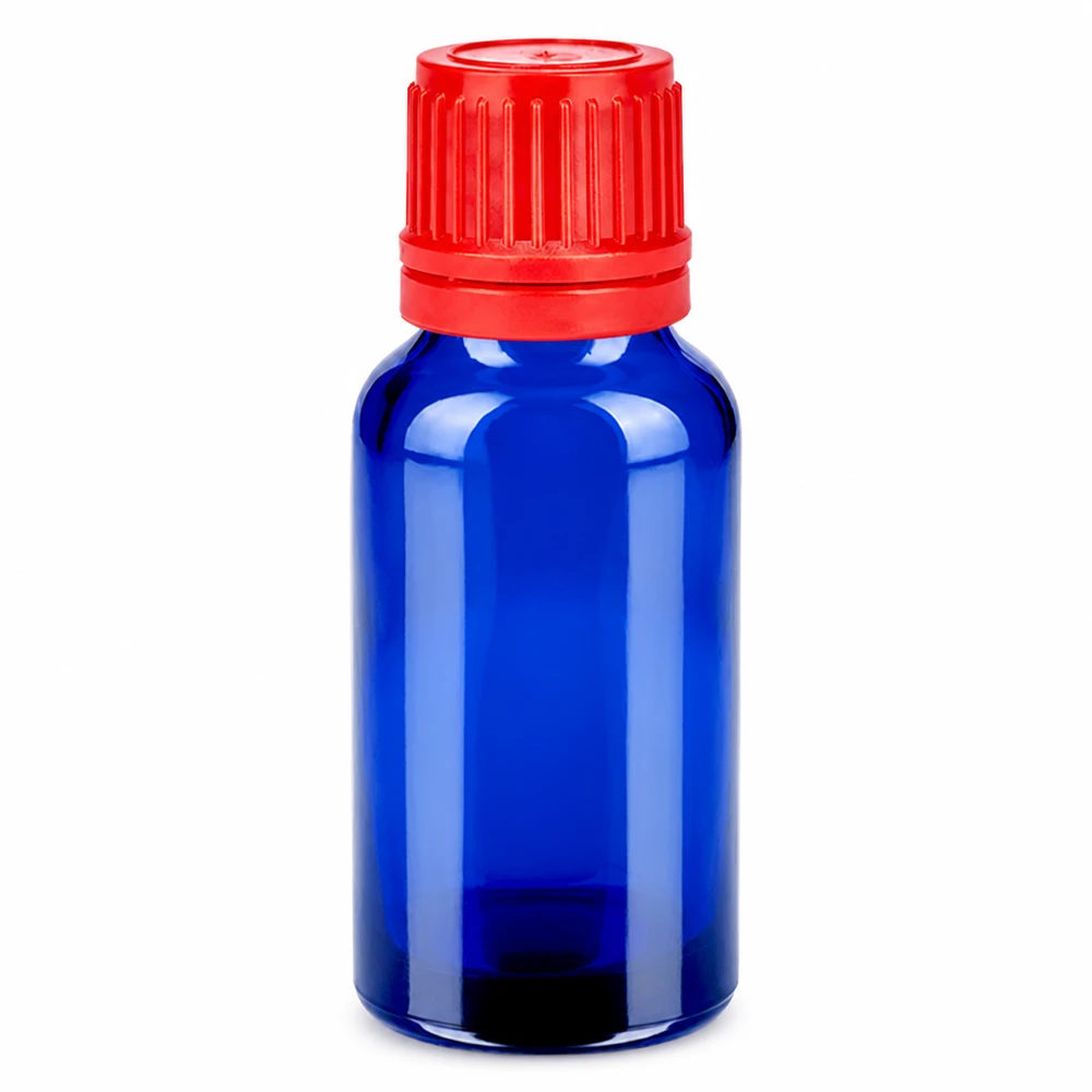 Frasco de vidrio azul de 20 ml con tapón de rosca rojo para aceites esenciales y cosméticos