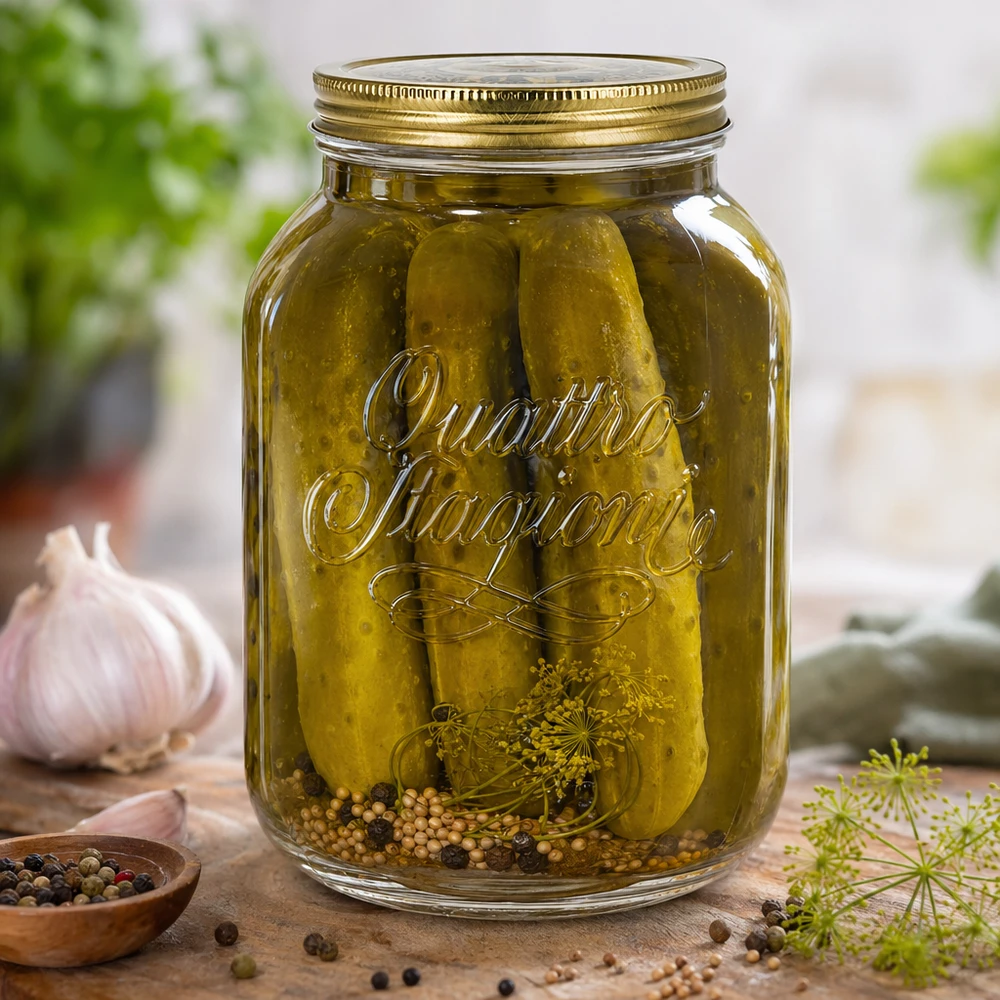 Tarro redondo "Quattro Stagioni" de 3000 ml con tapa El tarro de conserva Quattro Stagioni de 3000 ml con pepinos encurtidos, especias y eneldo muestra una conservación perfecta
