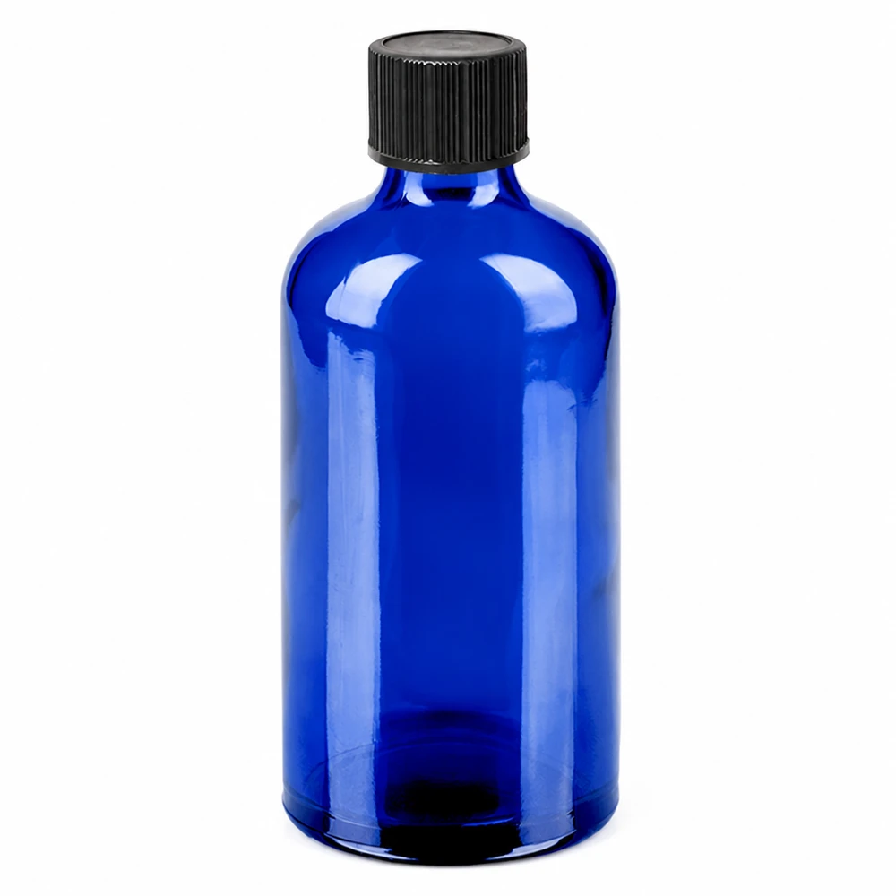 Frasco cuentagotas de 100ml 1mm negro cierre estándar BlueLine UT18/100 Frasco cuentagotas de vidrio azul de 100 ml con tapón negro para aceites esenciales y tinturas