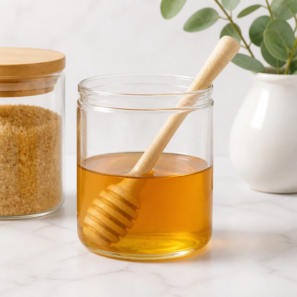 Cuchara para miel de robusta madera de arce / 10,5 cm de largo Cuchara de miel de madera de arce en tarro de miel con decoración de cocina y plantas muestra un uso elegante en cocinas modernas