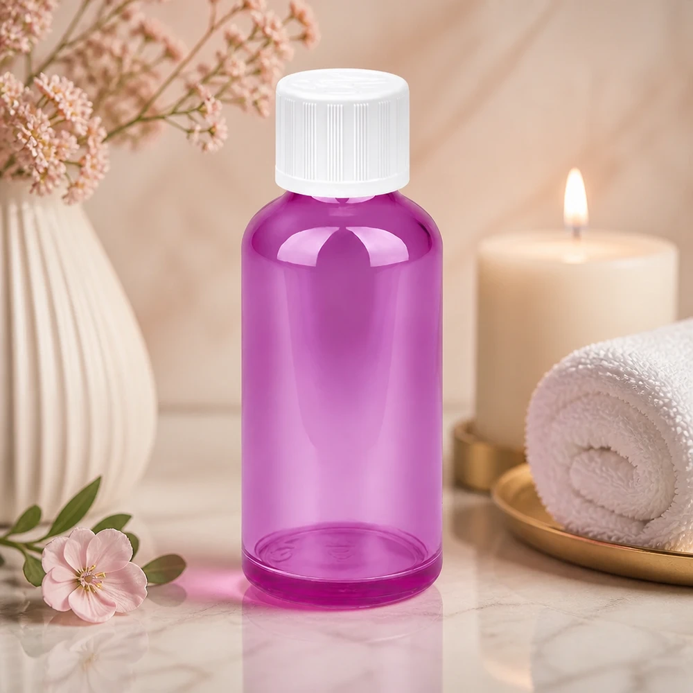 Frasco de 50 ml con tapón de rosca de 11 mm blanco a prueba de manipulaciones PurpleLine UT18/50 Elegante botella Purple Line de 50 ml con tapón a prueba de niños para un almacenamiento seguro