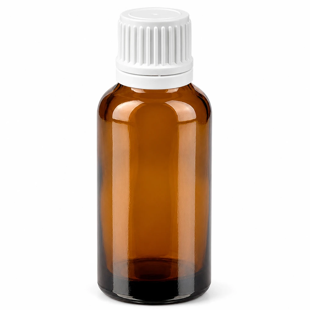 Botella 30ml tapón rosca 11mm blanco cierre inviolable BrownLine UT18/30 Frasco de vidrio marrón de 30 ml con tapón de rosca blanco para aceites esenciales y medicamentos