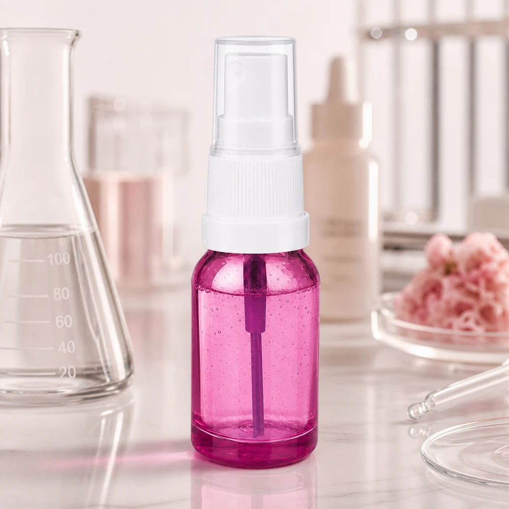 Frasco pulverizador de 10 ml de color púrpura transparente con atomizador blanco para dosificar líquidos con precisión