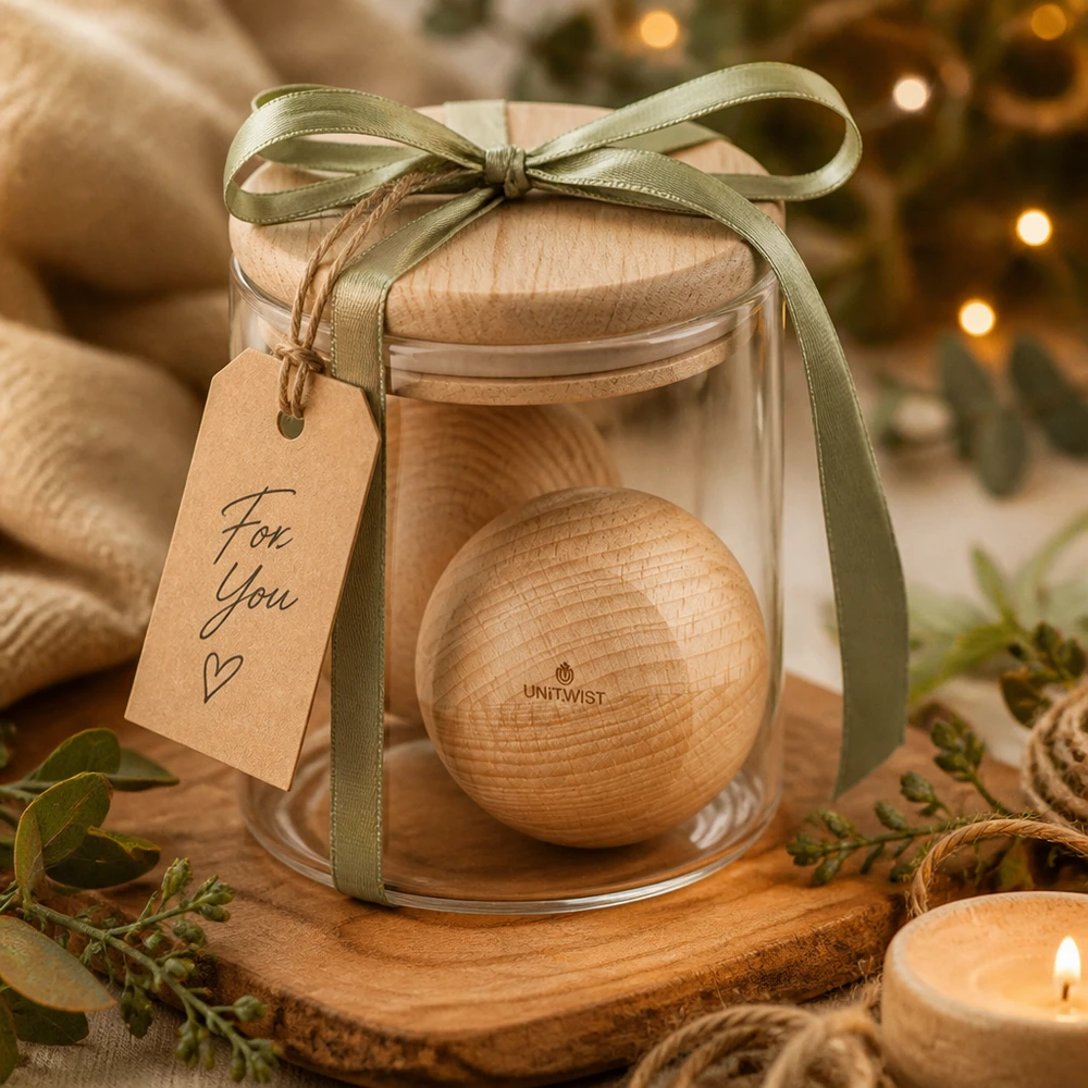 UNiTWIST bola de madera (haya) para WECK RR80 UNiTWIST bola de madera de haya WECK RR80 como regalo en un tarro decorado con un lazo verde y etiqueta Para Ti