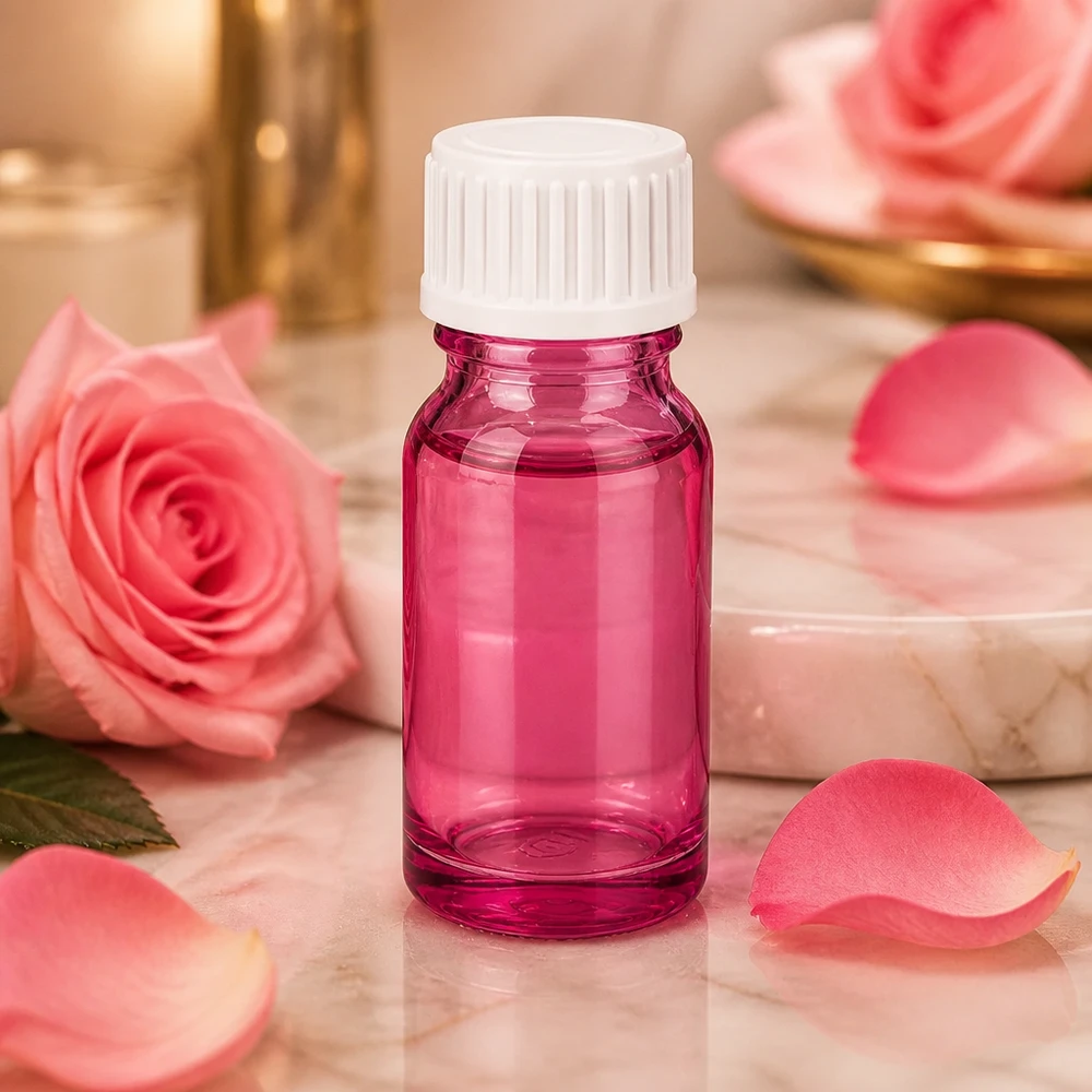 Frasco de cristal redondo de 10 ml de aspecto morado con hilo blanco perfecto para perfumes y esencias