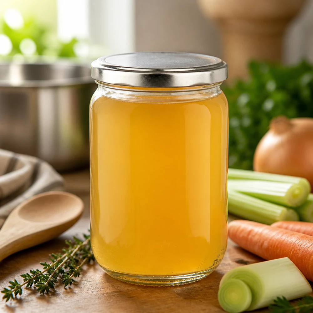 Frasco redondo de 555 ml con tapa BasicSeal plateada, lleno de caldo casero, sobre una tabla de madera con verduras