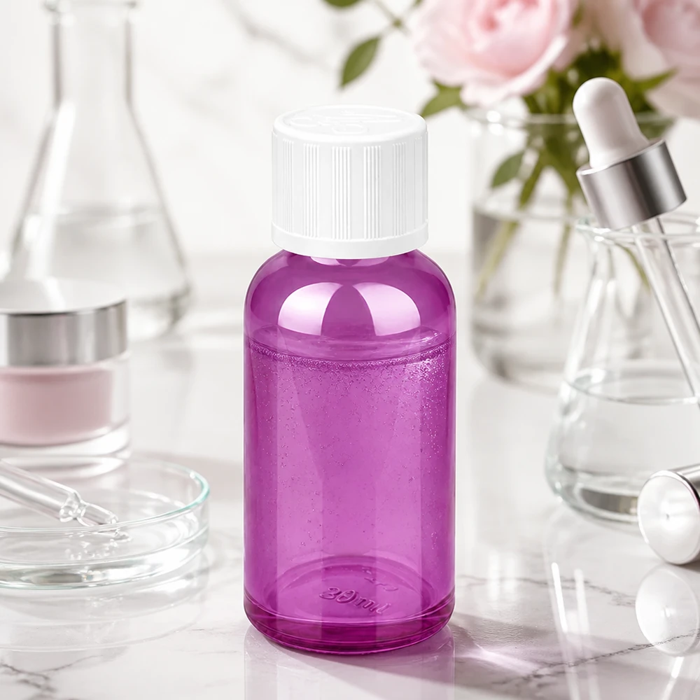 Práctico frasco de vidrio de 30 ml en color violeta con abertura de 11 mm para facilitar el llenado y la dosificación