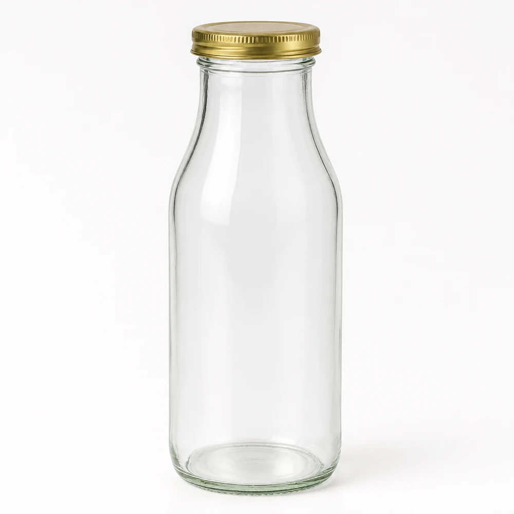 Botella de vidrio vacía UNiTWIST Bottle263 con tapón de rosca dorado TO43 BioSeal sobre fondo blanco