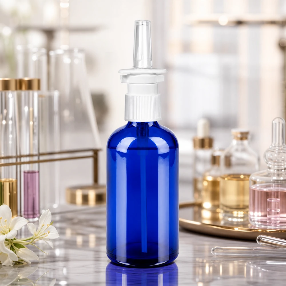 Frasco spray nasal 100ml negro blanco/transparente tapón estándar BlueLine UT18/100 Frasco de vidrio de alta calidad de 100 ml con rosca STD UT18/100 para la producción profesional de aerosoles nasales