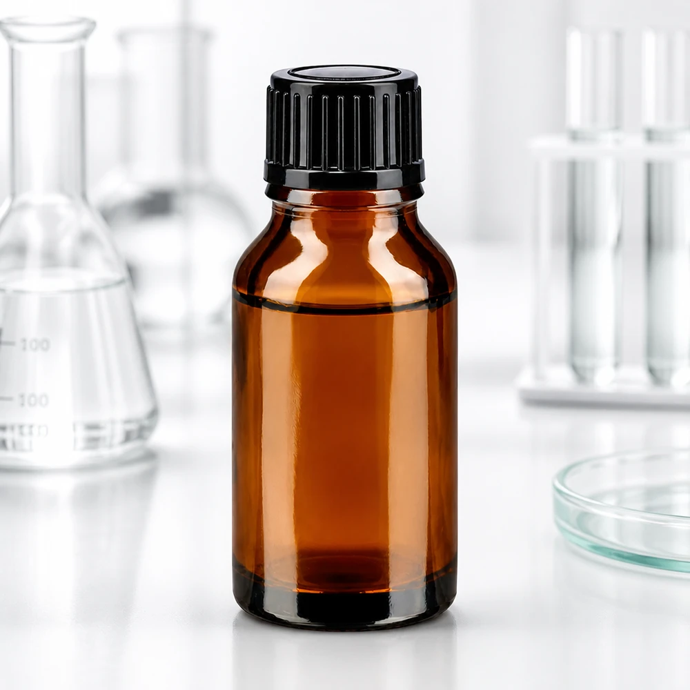 Frasco de farmacia de 15 ml de vidrio ámbar con tapón de rosca negro en el laboratorio, entre dos matraces de Erlenmeyer