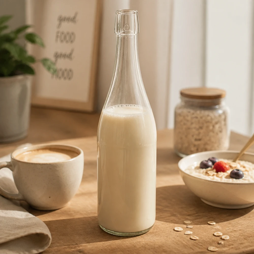 Botella de cristal de 750 ml sin tapón giratorio UNiTWIST Botella de cristal UNiTWIST de 750 ml llena de leche de avena junto a taza de café tazón de cereales mesa de desayuno escena de estilo de vida