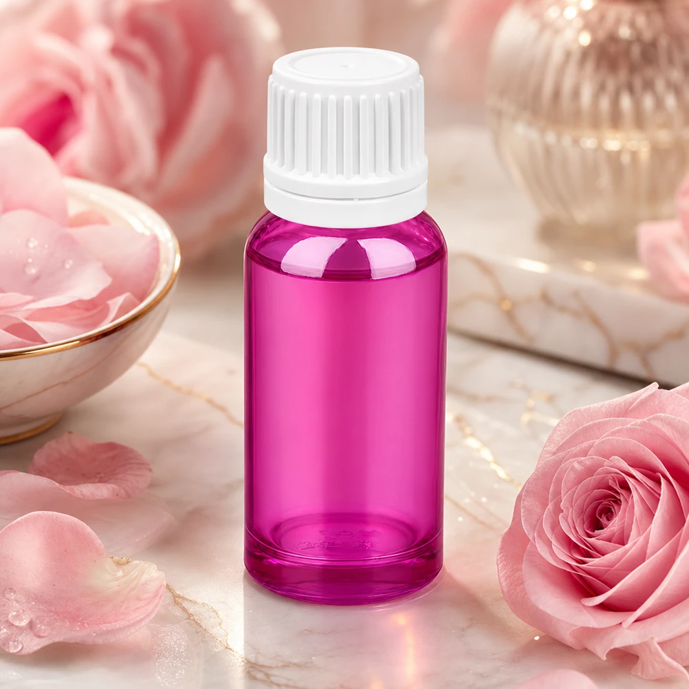 20ml botella 11mm tapón de rosca blanco Originalidad tapón de rosca PurpleLine UT18/20 Frasco de aromaterapia morado de 20 ml con tapón cuentagotas blanco entre rosas rosas y cosméticos