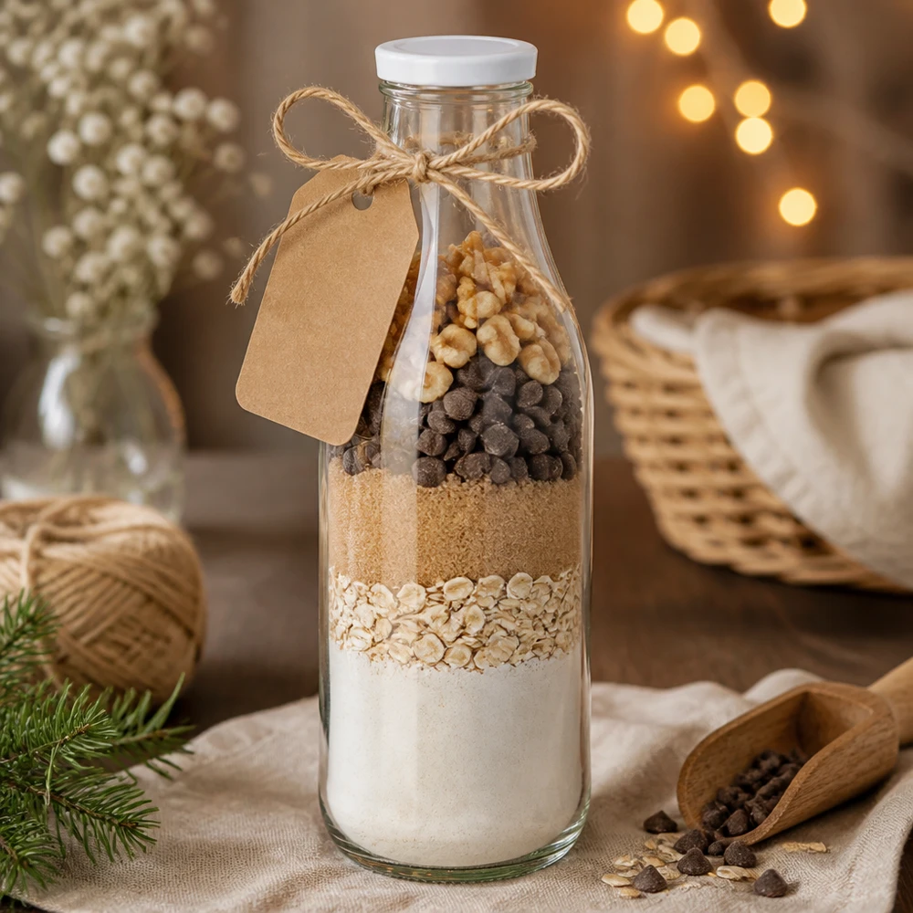 Botella de vidrio de 1000 ml + tapa BasicSeal blanca UNiTWIST Frasco de vidrio de 1000 ml con tapa blanca BasicSeal como regalo de mezcla para repostería Ingredientes para galletas Harina Copos de avena Frutos secos Chocolate
