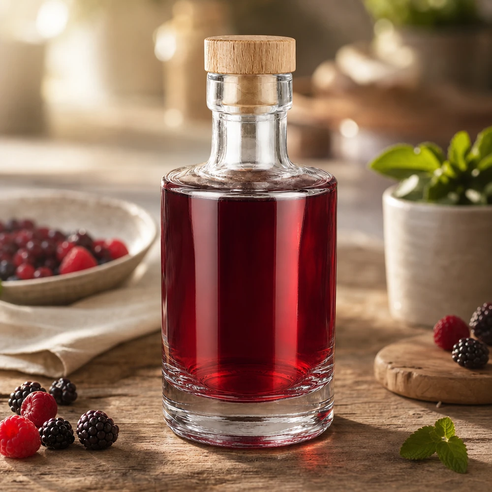 Botella de vidrio de 200 ml «Marie» con tapón de corcho con asa de madera UNiTWIST® 200ml Glasflasche Marie mit Beerenlikör befüllt, Holzkorken-Verschluss, dekoriert mit Himbeeren und Brombeeren auf Holzt