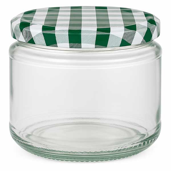 Tarro redondo 330ml + tapa BasicSeal verde/blanco UNiTWIST Tarro redondo de 330 ml con tapa BasicSeal a cuadros verdes y blancos, tarro de conserva vacío para alimentos y conservas