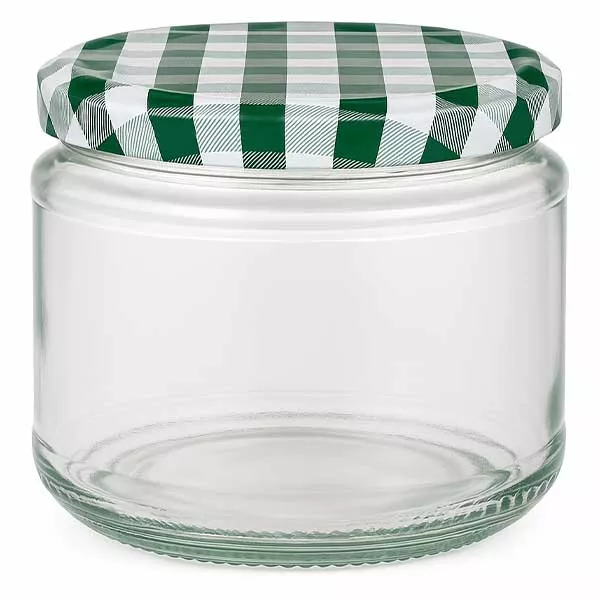 Tarro redondo 330ml + tapa BasicSeal verde/blanco UNiTWIST Tarro redondo de 330 ml con tapa BasicSeal a cuadros verdes y blancos, tarro de conserva vacío para alimentos y conservas
