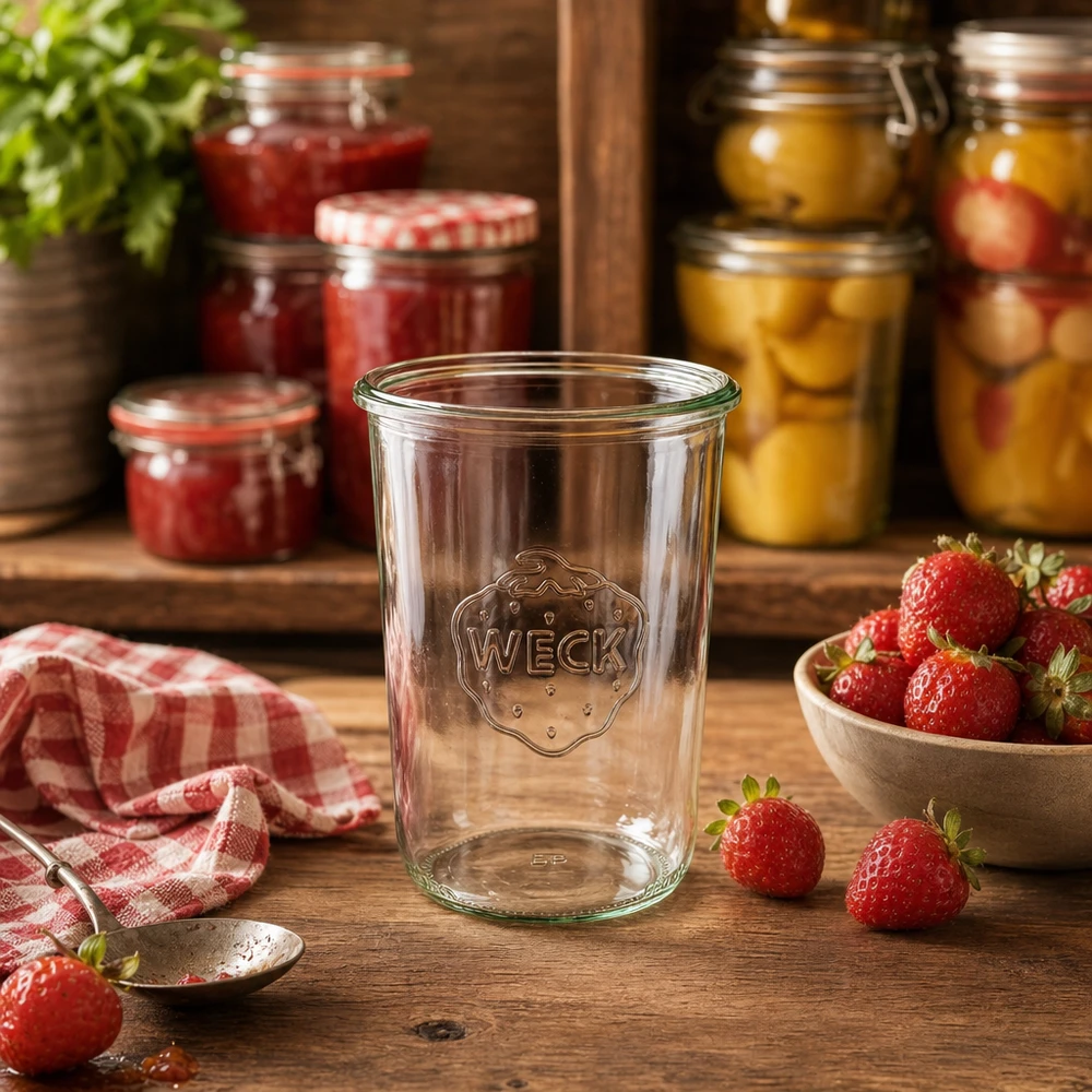 850ml WECK RR100 mason jar transparente con logo sobre mesa de madera junto a fresas frescas y tarros de mermelada
