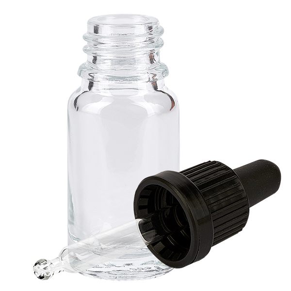 Frasco pipeta 10ml negro cierre inviolable ClearLine UT18/10 Pequeño frasco de cristal de 10 ml con tapón de rosca negro y pipeta de cristal, mostrado abierto