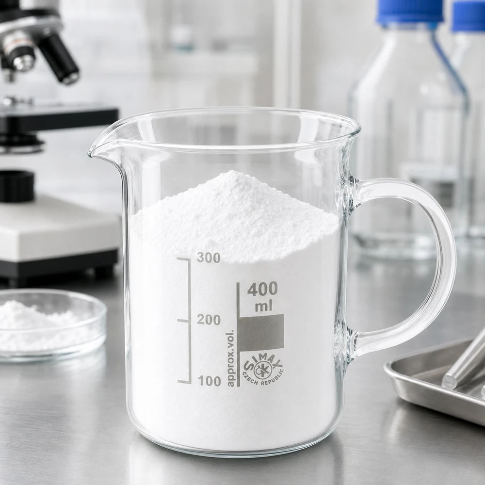 Vaso 400ml vidrio borosilicato, con asa Vaso de precipitados de 400 ml con asa, lleno de polvo blanco, sobre una mesa de trabajo de laboratorio; vidrio borosilicato