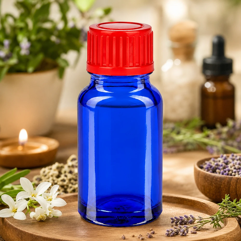 Frasco de vidrio BlueLine de 10 ml con tapón rojo estriado para un agarre y un manejo óptimos