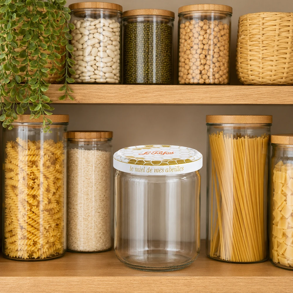 Tarro de almacenamiento vacío de 212 ml de Le Parfait Honey entre tarros de almacenamiento llenos en un estante de cocina organizado