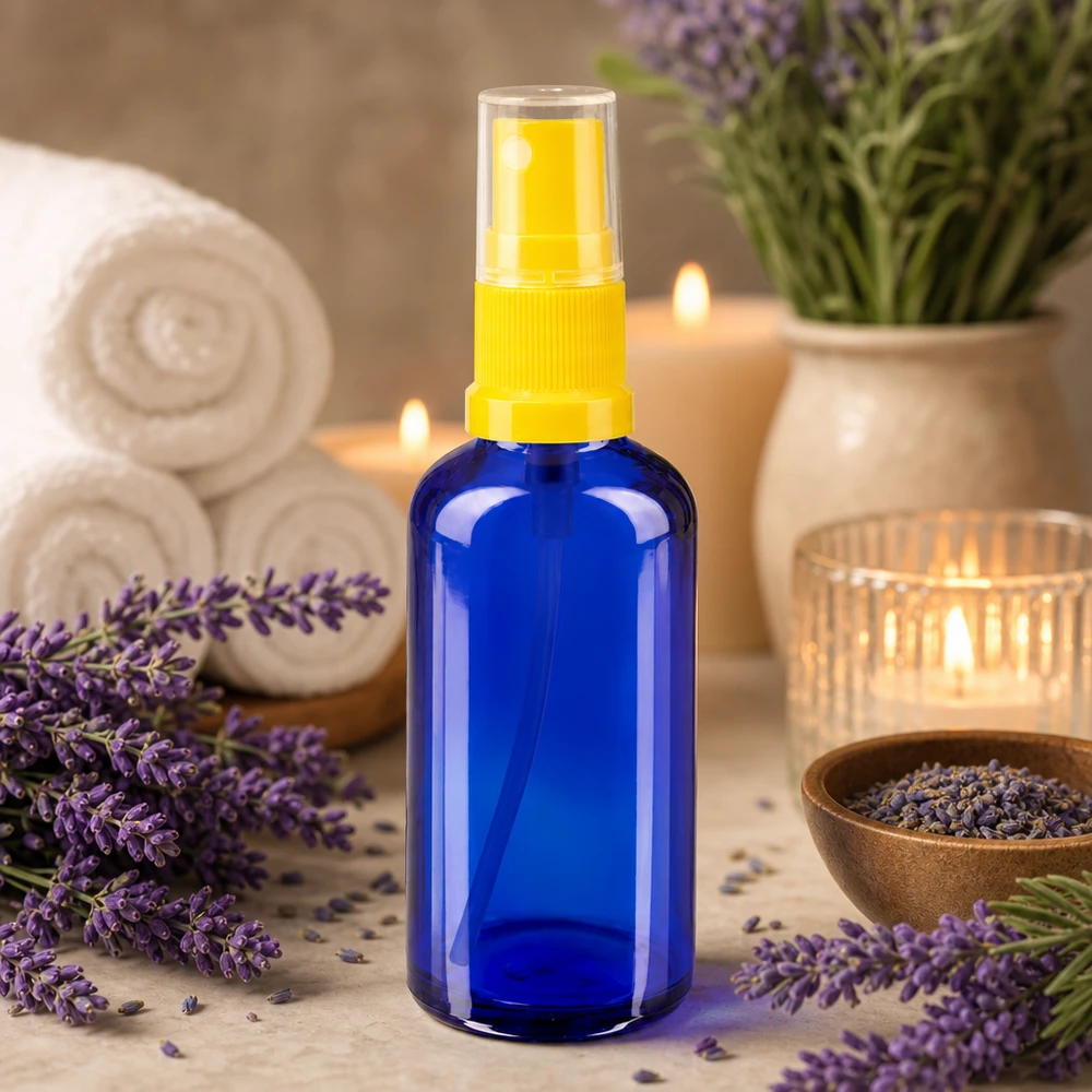 Botella de farmacia azul 50ml pulverizador superior amarillo Frasco azul de farmacia con pulverizador de 50 ml y cabezal transparente, entre flores de lavanda y velas