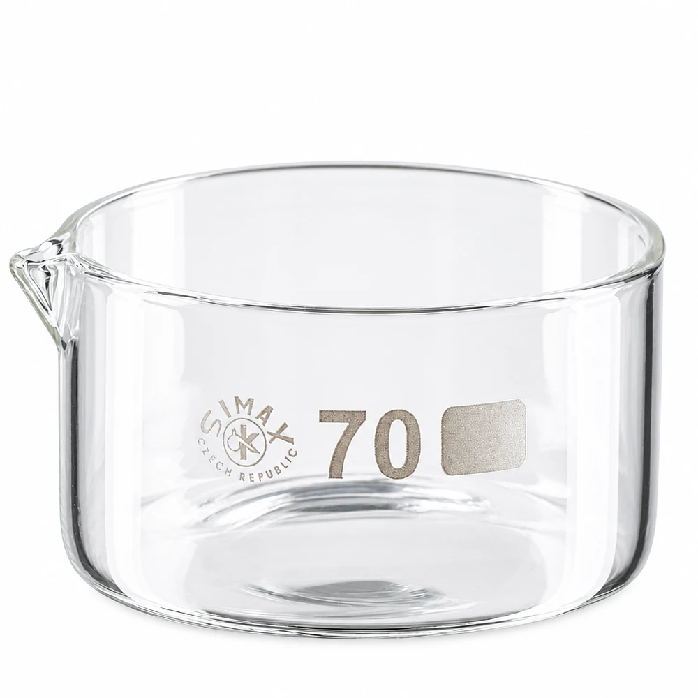 Cristalizador de 100ml con pico de borosilicato ø70mm Recipiente de cristalización de 100 ml de vidrio borosilicato con pico vertedor, diámetro de 70 mm, de Simax Czech Republic