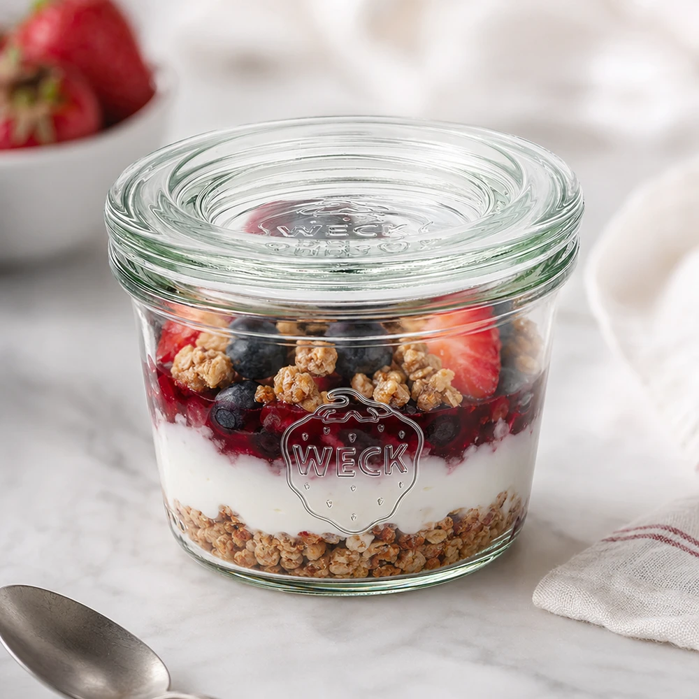 Vasos de 35ml con tapa de cristal WECK RR40 WECK 35ml RR40 mason jar con muesli de yogur y bayas como postre en un tarro decorado en un plato de mármol blanco