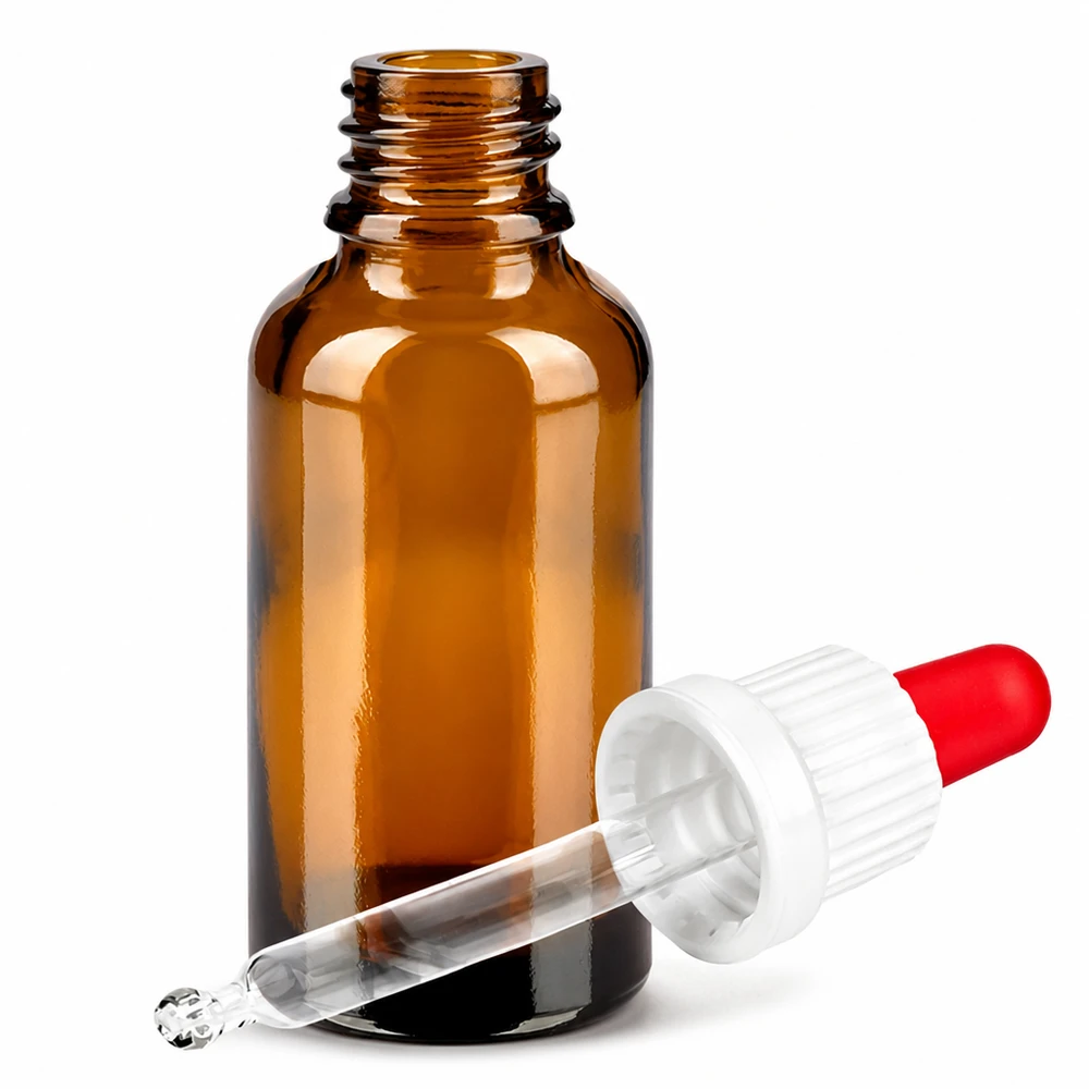 Frasco pipeta 30ml blanco/rojo cierre inviolable BrownLine UT18/30 Frasco de vidrio marrón de 30 ml con pipeta cuentagotas para aceites esenciales y sueros - Protección UV gracias al vidrio oscuro