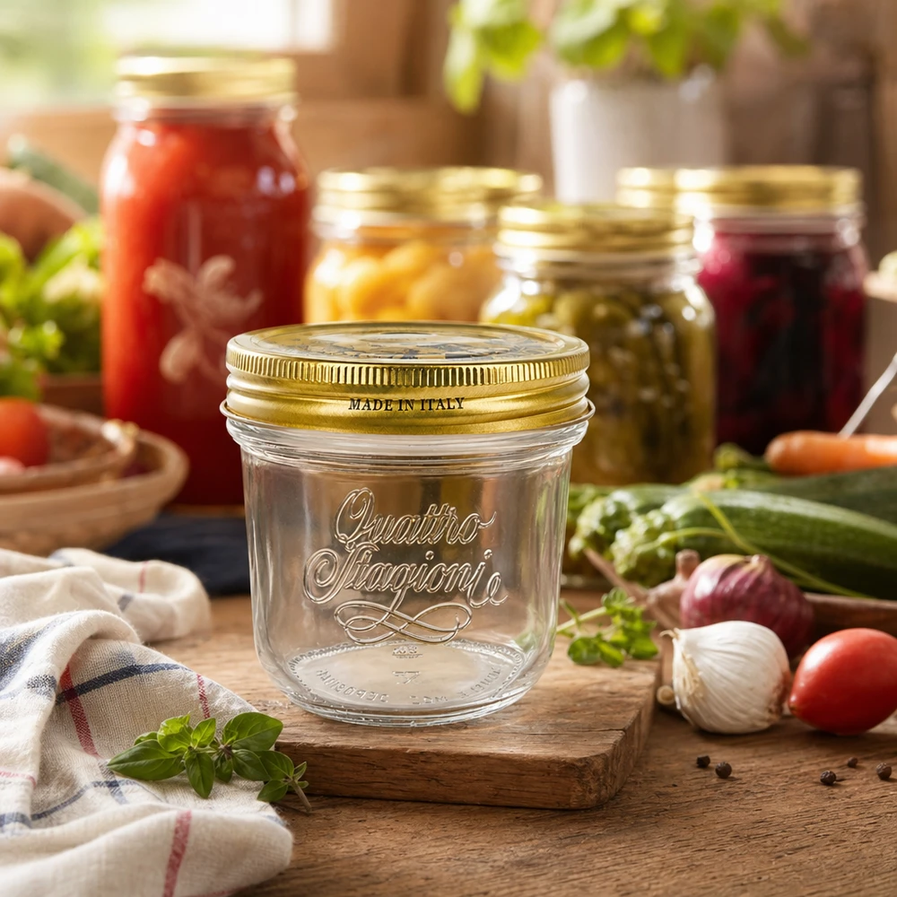 Vasos "Quattro Stagioni" de 200 ml con tapa Tarro Quattro Stagioni de 200 ml con tapa dorada sobre tabla de madera rodeado de tarros de conserva y verduras frescas