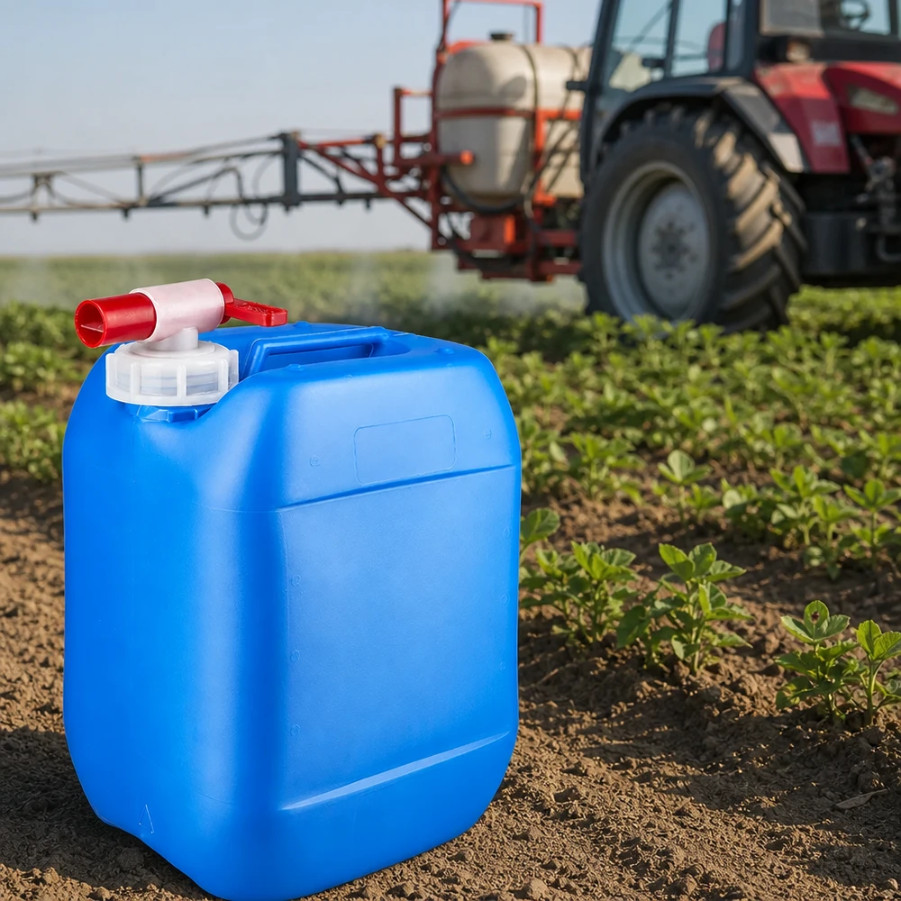 Bidón azul de 10 litros con grifo de salida, utilizado en el ámbito agrícola delante de un tractor con pulverizador agrícola