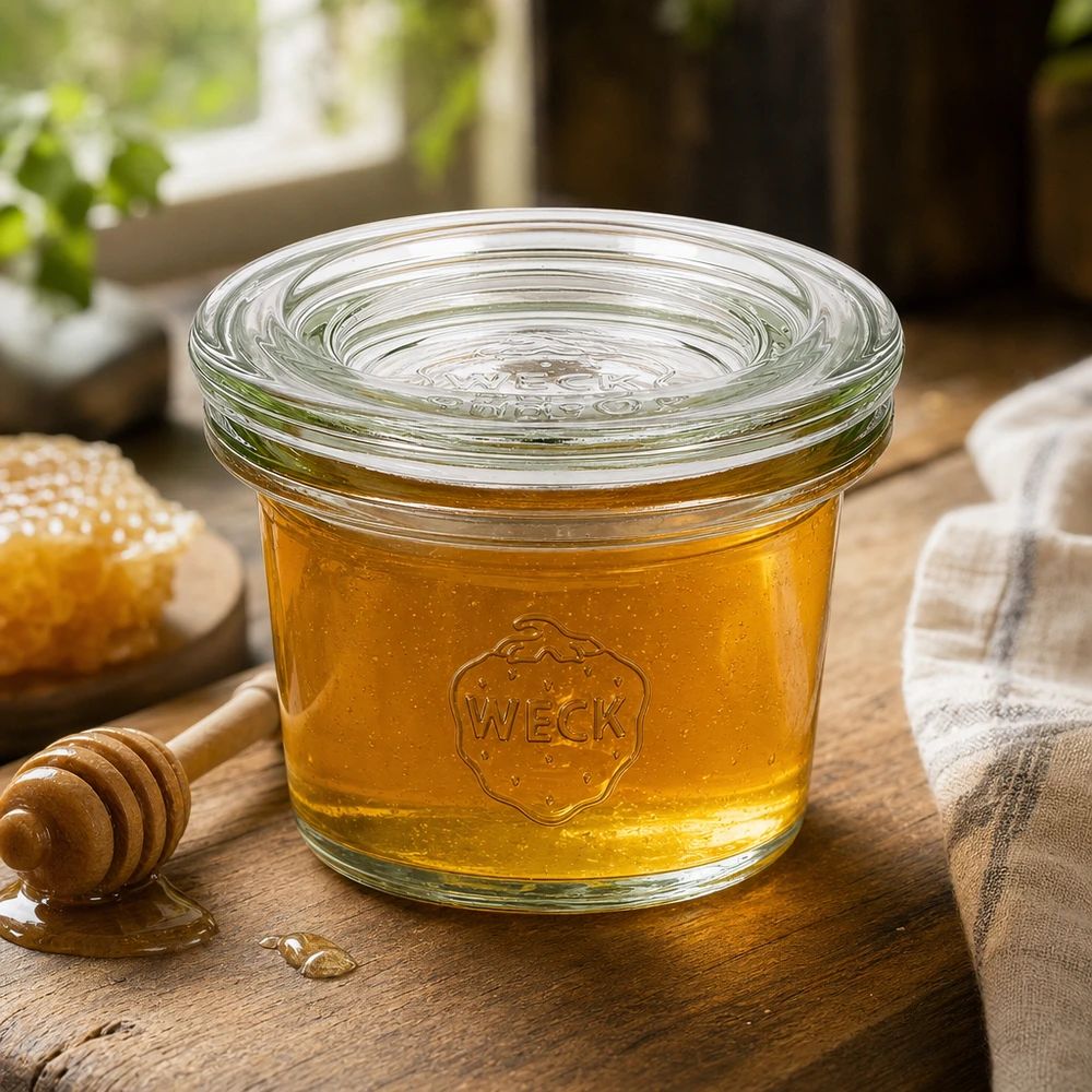 Tarro WECK 35ml RR40 lleno de miel sobre una tabla de madera con cuchara de miel y panal en un ambiente natural