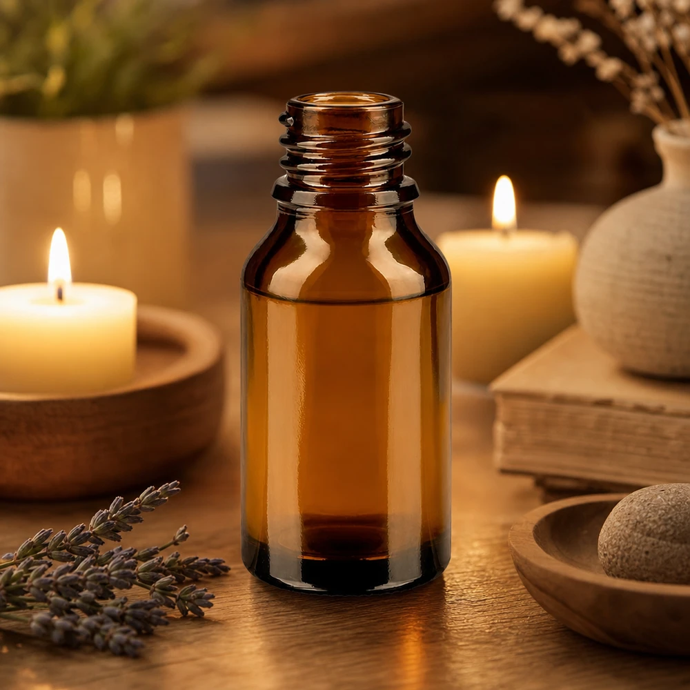 Frasco cuentagotas 15 ml DIN 18 vidrio ámbar Frasco boticario de ApoGlas marrón de 15 ml a la cálida luz de las velas con ramitas de lavanda y accesorios de spa sobre una superficie de madera
