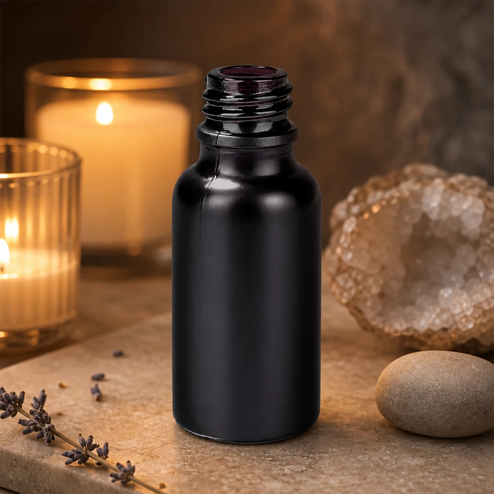 Frasco de farmacia de 20 ml BlackLine UT18/20 UNiTWIST Frasco de vidrio negro de 20 ml BlackLine UT18/20 con superficie esmerilada para aceites aromaterapéuticos