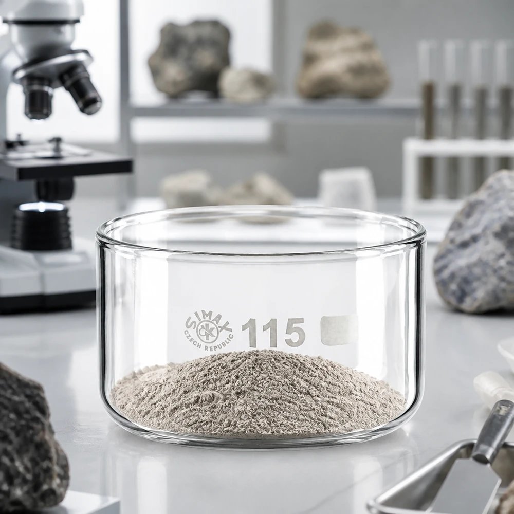Bandeja de cristalización SIMAX de 500 ml con polvo mineral gris sobre una encimera de laboratorio blanca