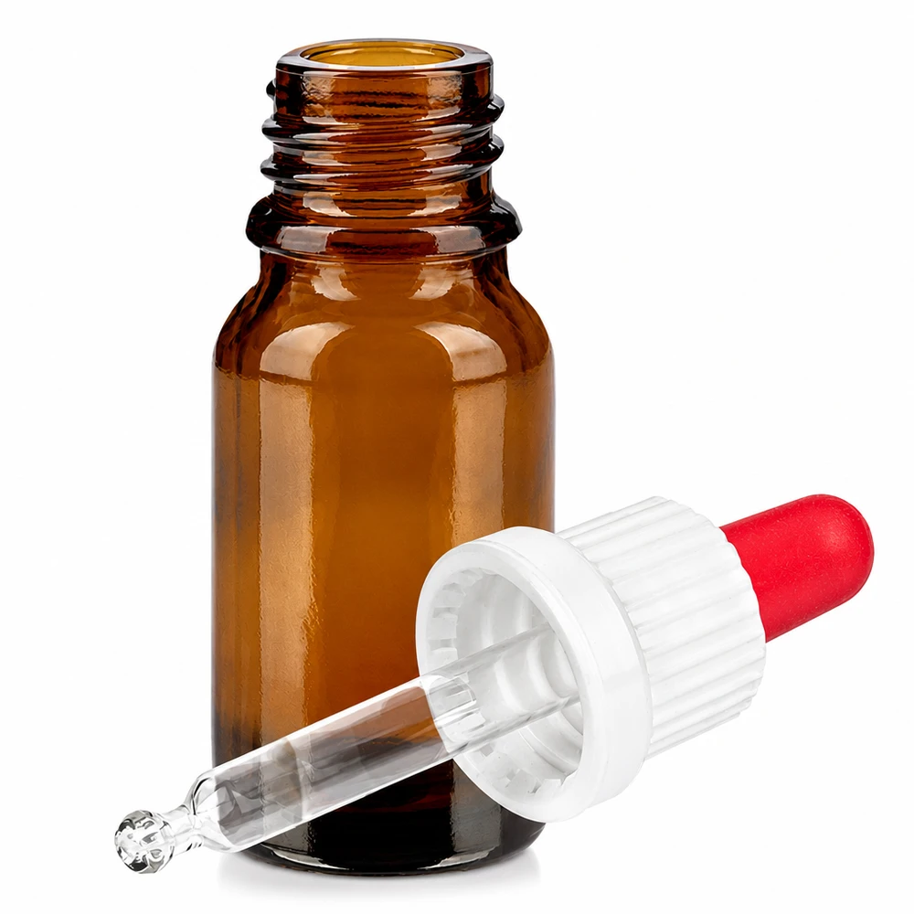 Frasco de cristal marrón de 10 ml con pipeta y cuentagotas rojo para aceites esenciales y sueros