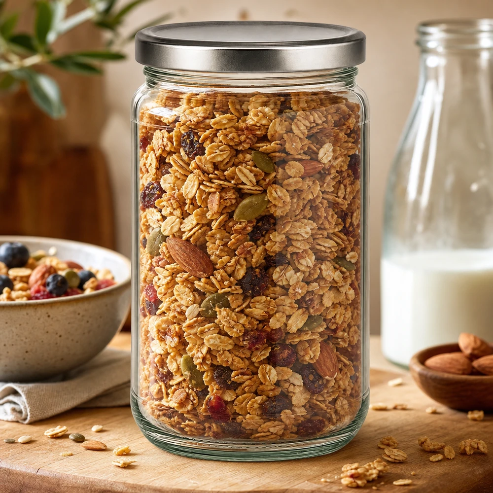 Tarro redondo de 305 ml con tapa BasicSeal plateada relleno de muesli y frutos secos como tarro de almacenaje en la cocina natural