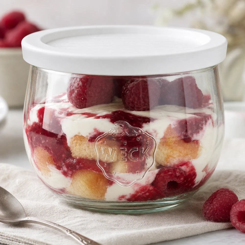 Tarro tulipán WECK 580ml con tapa fresca como recipiente de postre para postres en capas con frambuesas y nata