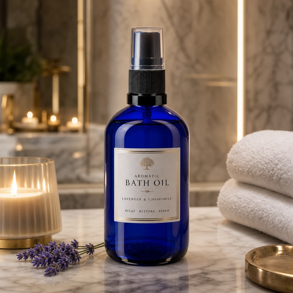 Frasco pulverizador azul de 100 ml de cristal de farmacia con etiqueta de «Aromatic Bath Oil» sobre fondo de mármol