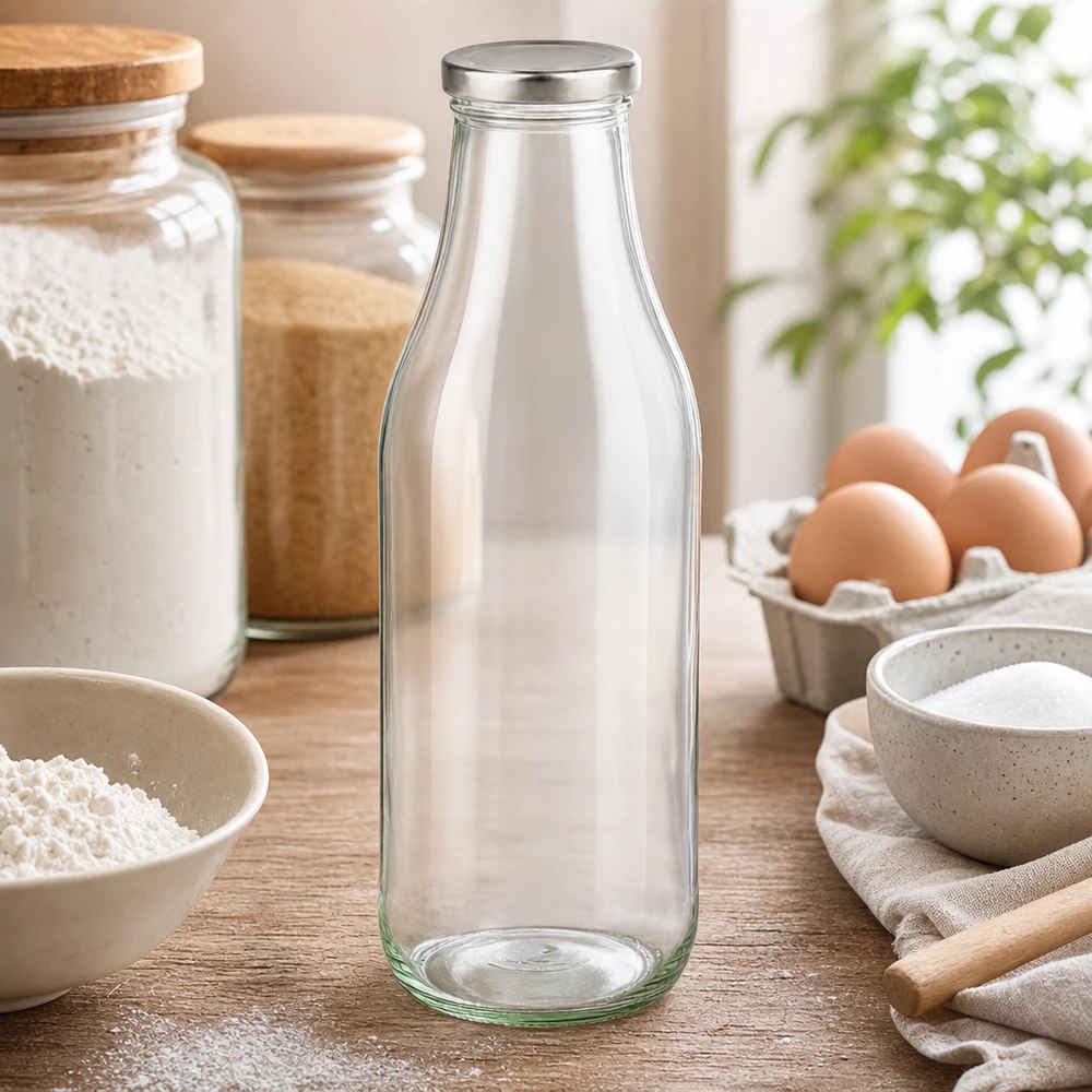 Botella de vidrio de 1000 ml + tapa BasicSeal plateada UNiTWIST Glasflasche 1000ml in stilvoller Küchenumgebung mit Backzutaten und Dekoration für den täglichen Gebrauch