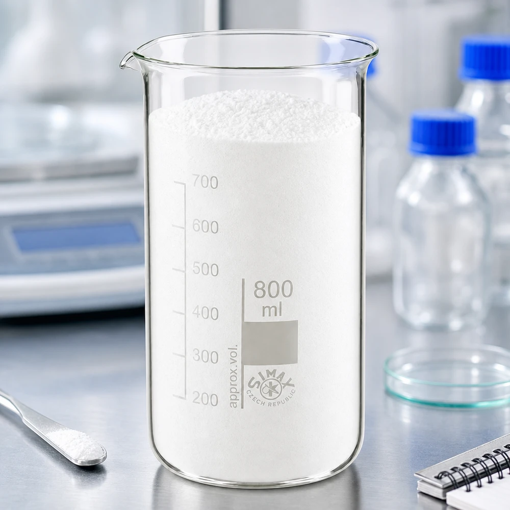 Vaso de precipitados de 800 ml, de forma alta, lleno de polvo blanco, sobre una balanza de laboratorio; mesa de acero inoxidable SIMAX