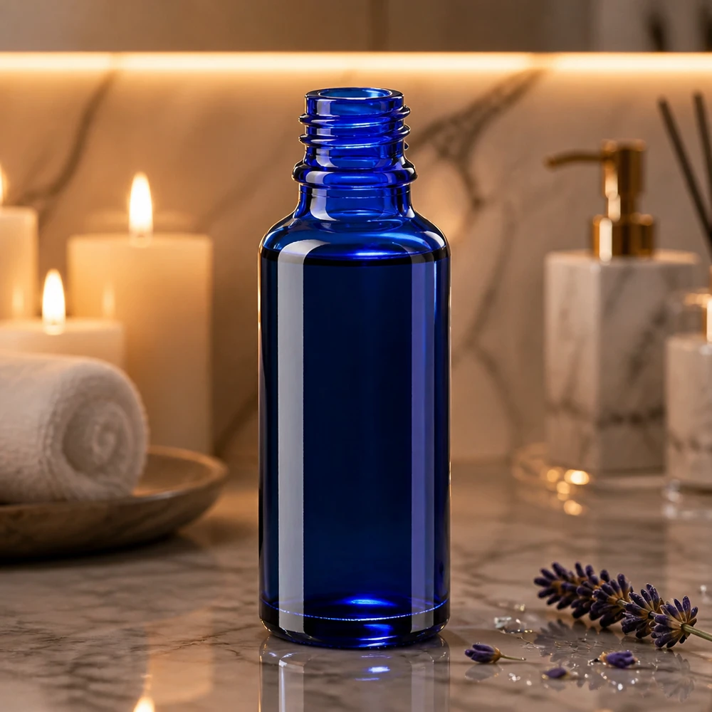 Frasco cuentagotas 30ml DIN 18 VIDRIO AZUL Frasco de cristal azul ApoGlas de 30 ml sobre una superficie de mármol, con lavanda y velas en un ambiente de spa