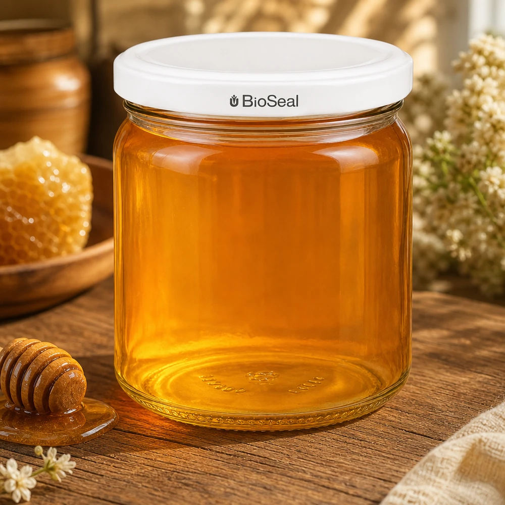 Tarro redondo de 408ml con tapa blanca BioSeal UNiTWIST UNiTWIST Runda408 lleno de miel dorada - almacenamiento tradicional de miel en un tarro de cristal con TO82 BioSeal blanco