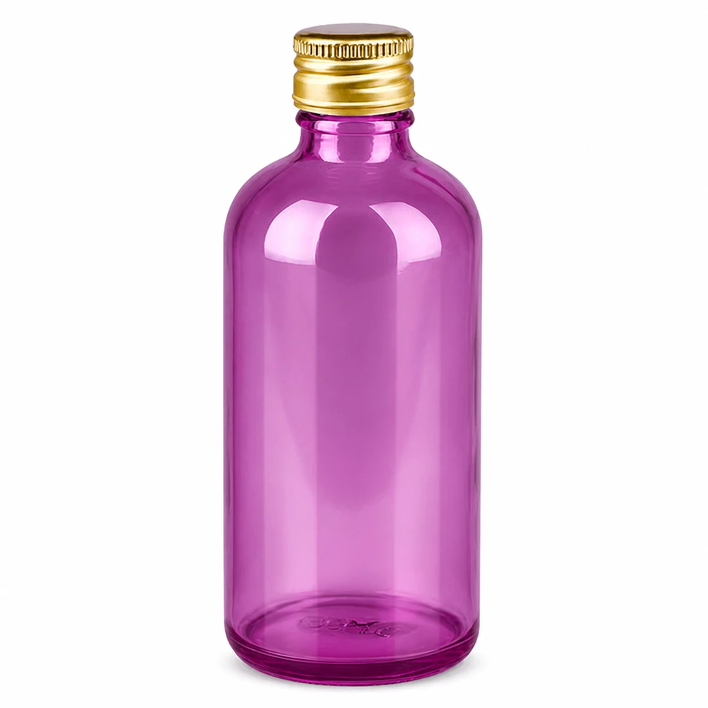 Frasco de 100 ml con tapón de rosca de 11 mm de aluminio estándar dorado PurpleLine. UT18/100 Frasco de vidrio de 100 ml en violeta brillante con tapón de aluminio dorado para cosméticos y productos farmacéuticos