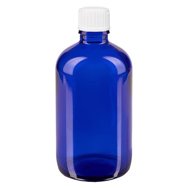 Botella de farmacia azul 100ml tapón rosca blanco estándar Botella de farmacia azul 100ml tapón rosca blanco estándar