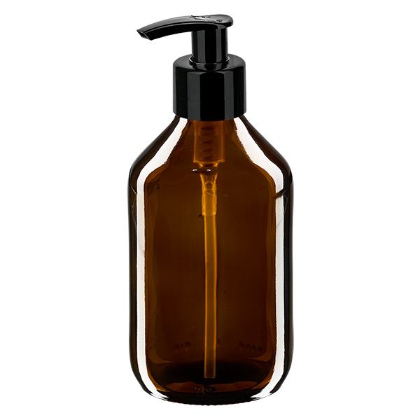 Frasco medicinal de 250ml marrón, con bomba dispensadora negra ApoGlas Frasco medicinal de 250ml marrón, con bomba dispensadora negra ApoGlas