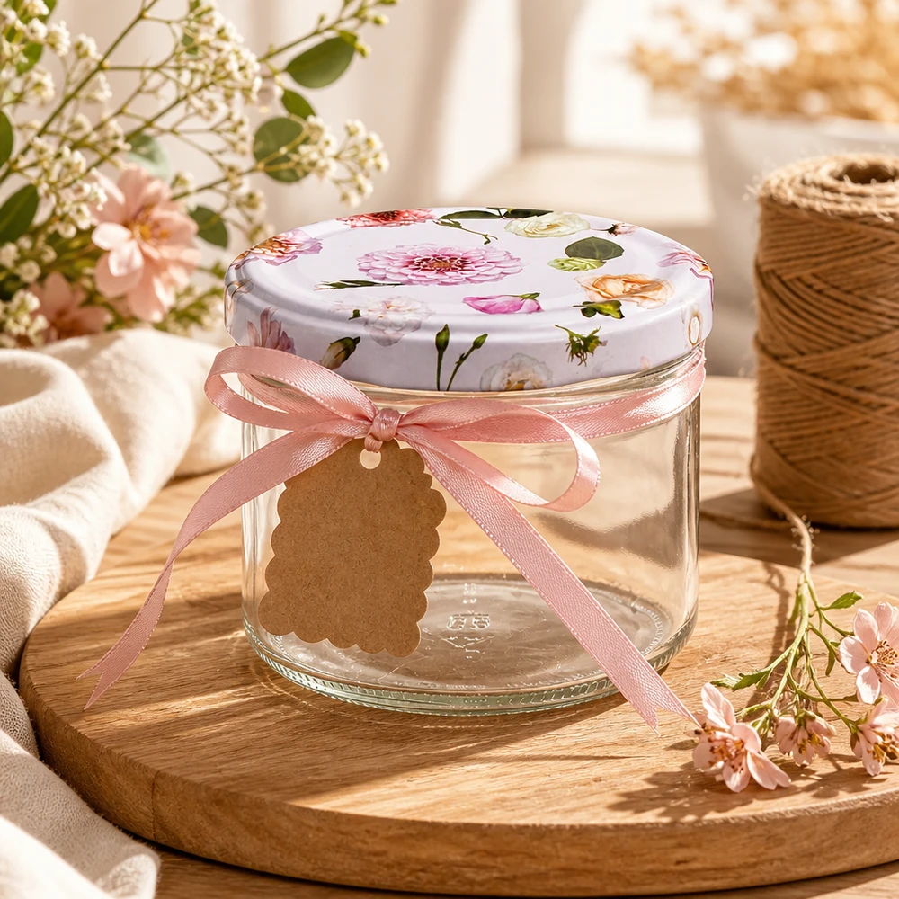 Tarro de albañil de 225 ml con tapa de flor rosa decorado con lazo y etiqueta de regalo en bandeja de madera