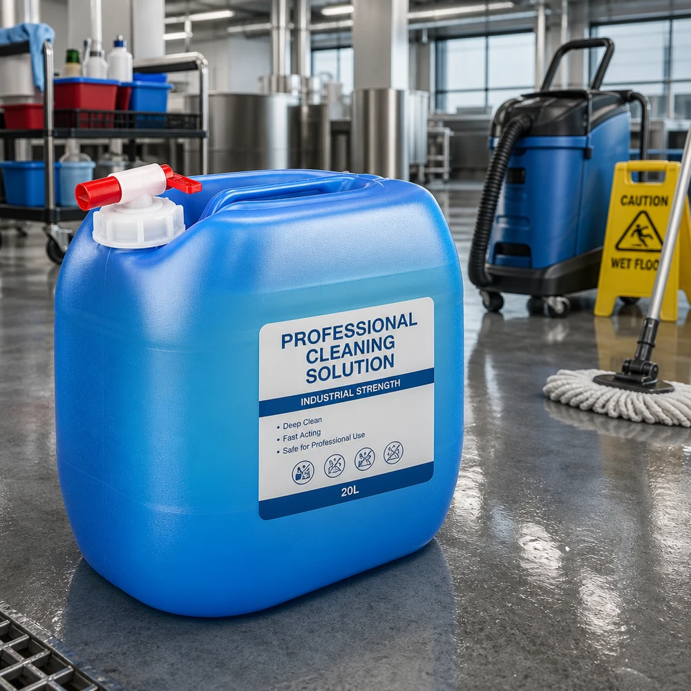 Gran bidón azul de detergente de 30 litros con grifo de salida en una nave industrial profesional