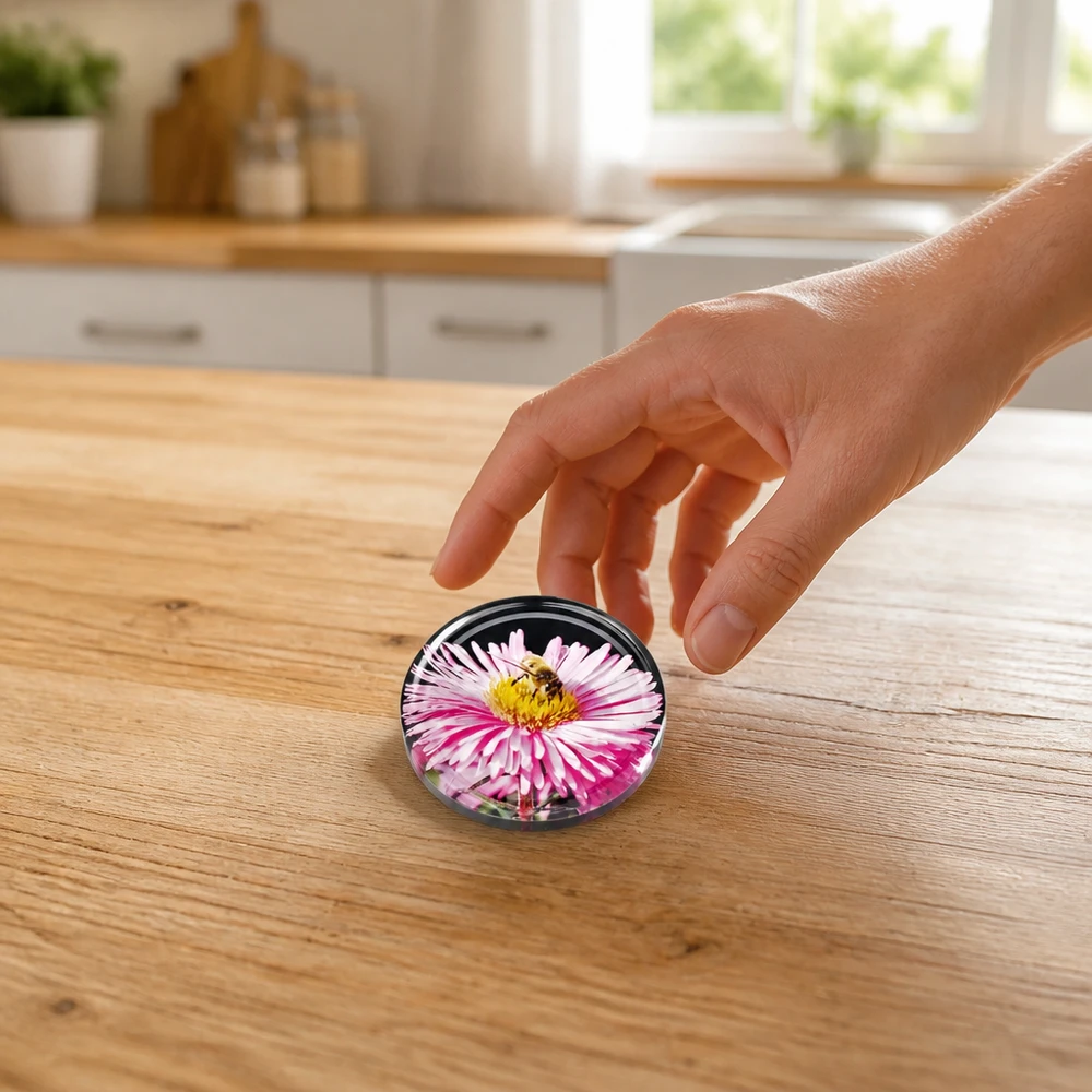 Tapa BasicSeal de 82 mm, modelo «Blüte» (TO82) UNiTWIST Tapa redonda de 82 mm para tarros de conserva con un áster rosa y una abeja, con un diseño de cristal transparente sobre una mesa de madera