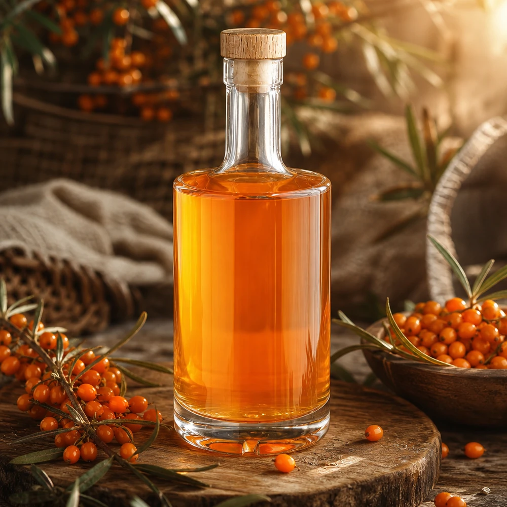 Botella de vidrio de 500 ml «Nora» con tapón de corcho con asa de madera UNiTWIST® Botella de cristal de 500ml Nora con licor de espino amarillo naranja corcho de madera UNiTWIST presentación rústica tabla de madera bayas